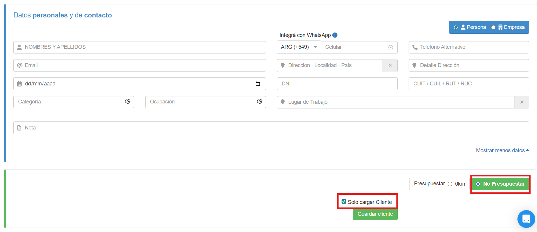 Formulario con opcion solo cargar cliente en Tecnom Nubux